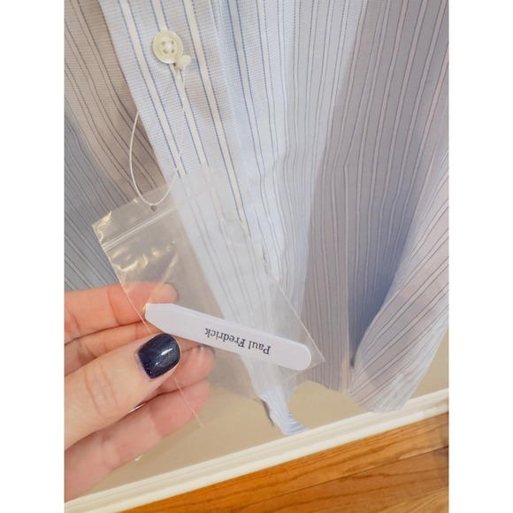 Paul Fredrick Mens 19-37 100% Cotton Light Blue Pinstripe Dress Shirt Button Up - Picture 4 of 8